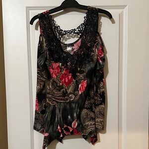 VENUS Black and Floral Lace Cold Shoulder Blouse with Bell Sleeves